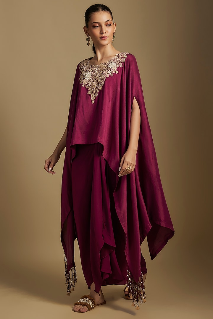 Wine Silk Resham Work A-Line Kaftan Set by Prisho at Pernia's Pop Up Shop