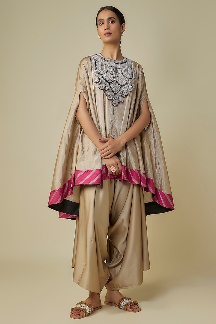 Beige Tissue Dori Work Umbrella Kaftan Set by Prisho at Pernia's Pop Up Shop