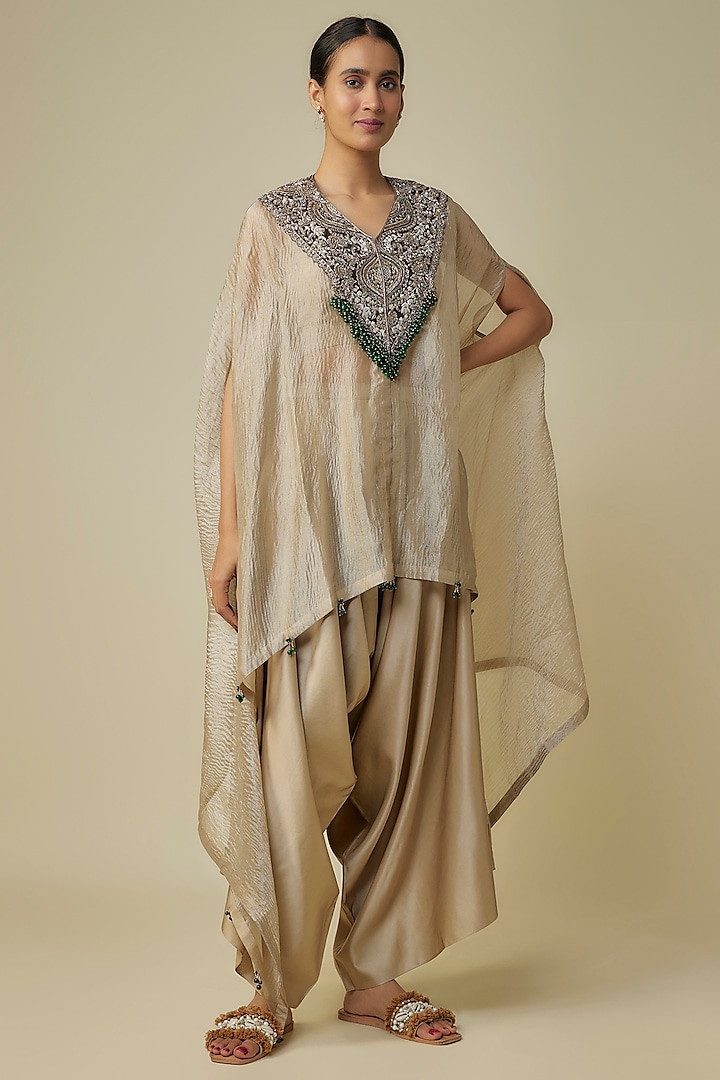 Champagne Tissue Embroidered Kaftan Set by Prisho at Pernia's Pop Up Shop