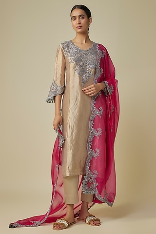 Beige Tissue Embroidered Kurta Set by Prisho