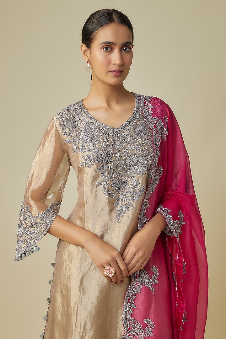Beige Tissue Embroidered Kurta Set by Prisho at Pernia's Pop Up Shop