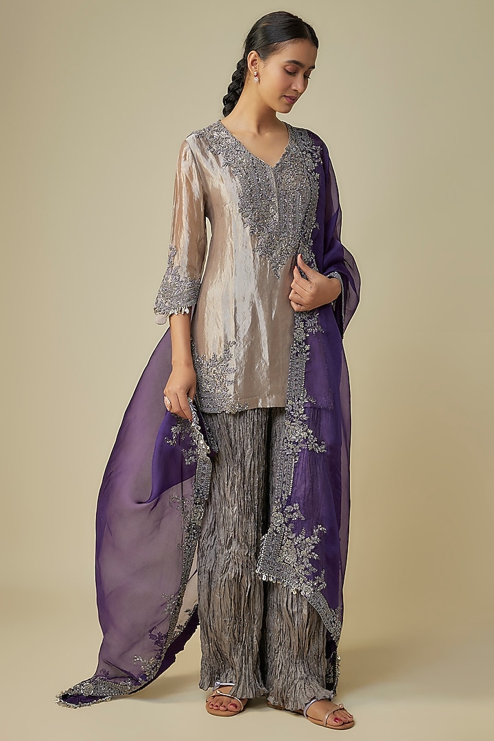 Champagne Silk Embroidered Short Kurta Set by Prisho at Pernia's Pop Up Shop