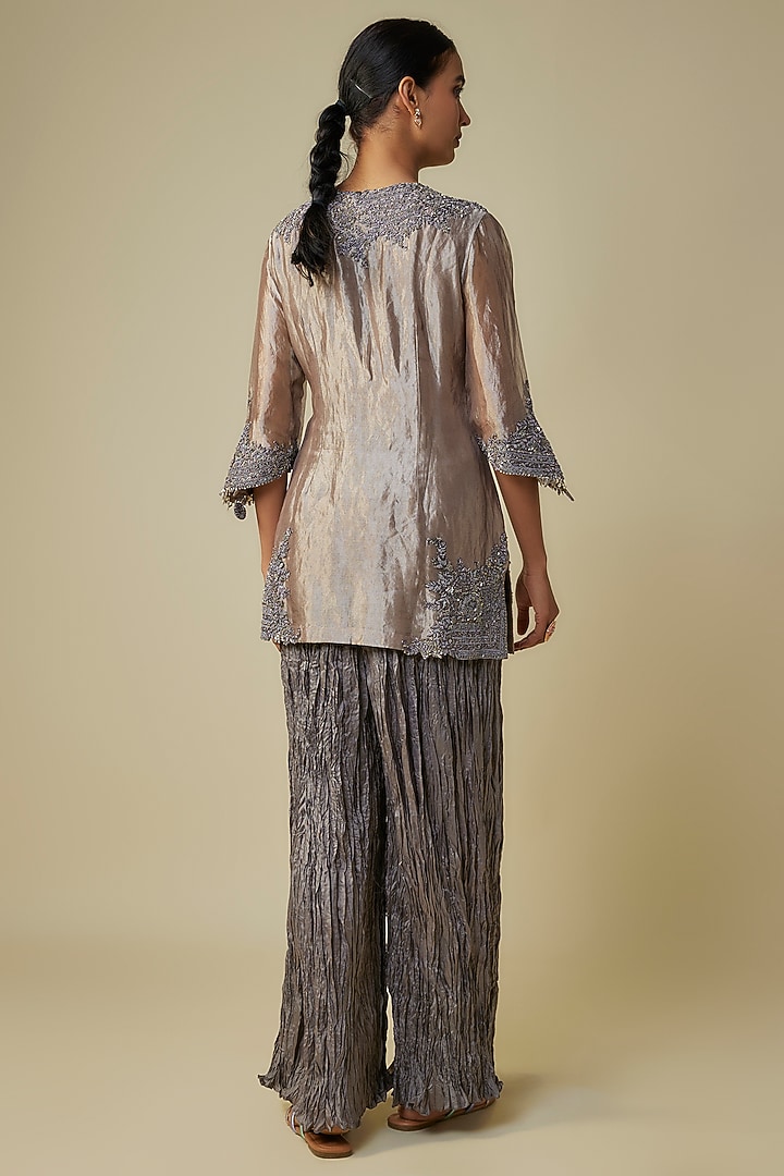 Champagne Tissue Embroidered Short Kurta Set by Prisho at Pernia's Pop Up Shop