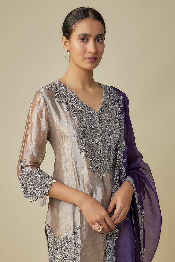 Champagne Tissue Embroidered Short Kurta Set by Prisho at Pernia's Pop Up Shop