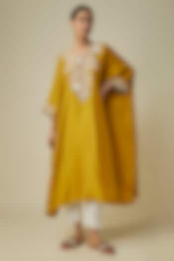 Mustard Silk Resham Work Kaftan Set by Prisho at Pernia's Pop Up Shop