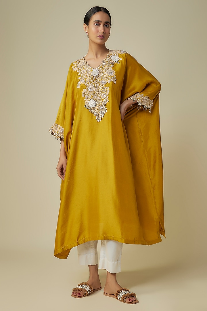 Mustard Silk Resham Work Kaftan Set by Prisho at Pernia's Pop Up Shop