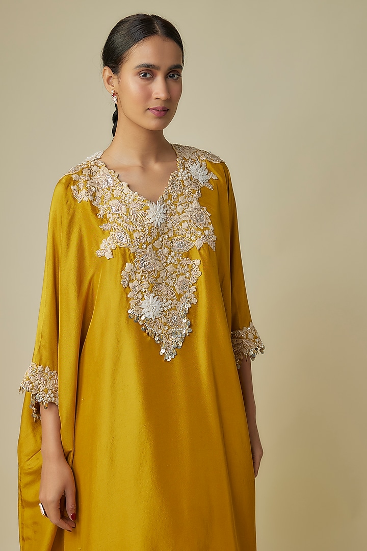 Mustard Silk Resham Work Kaftan Set by Prisho at Pernia's Pop Up Shop
