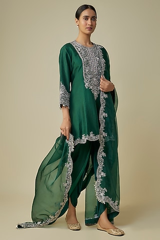 Bottle Green Silk Embroidered Kurta Set by Prisho