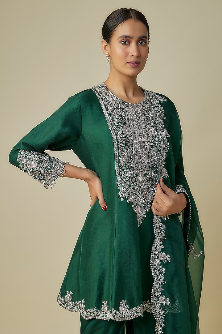 Bottle Green Silk Embroidered Kurta Set by Prisho at Pernia's Pop Up Shop