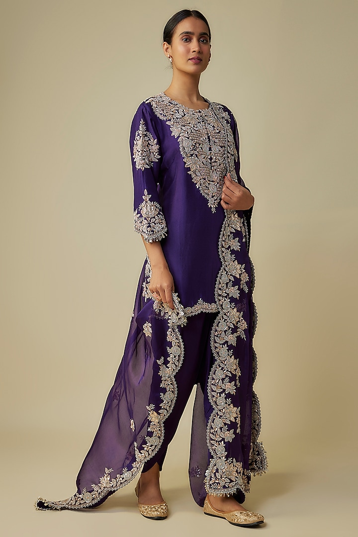 Purple Silk Embroidered Kurta Set by Prisho at Pernia's Pop Up Shop