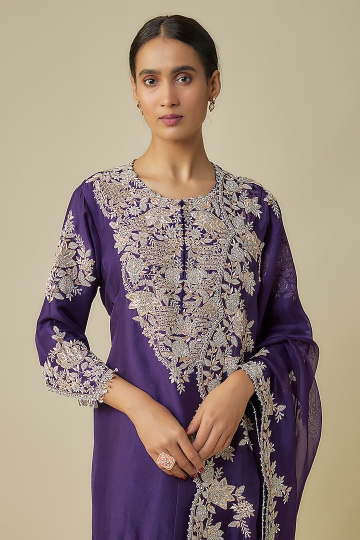Purple Silk Embroidered Kurta Set by Prisho at Pernia's Pop Up Shop