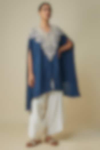 Blue Crushed Silk Resham Work Kaftan Set by Prisho at Pernia's Pop Up Shop