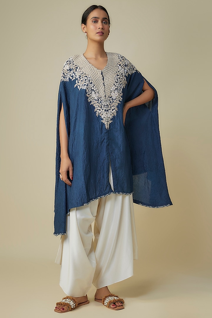 Blue Crushed Silk Resham Work Kaftan Set by Prisho at Pernia's Pop Up Shop