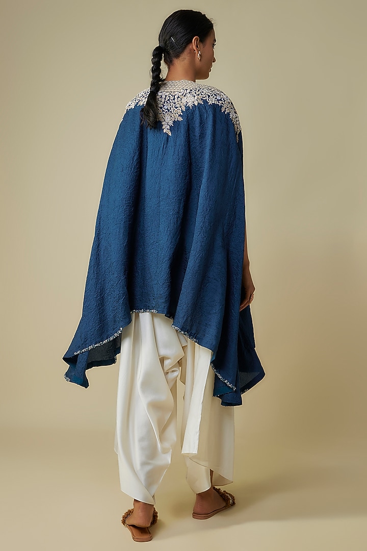 Blue Crushed Silk Resham Work Kaftan Set by Prisho at Pernia's Pop Up Shop
