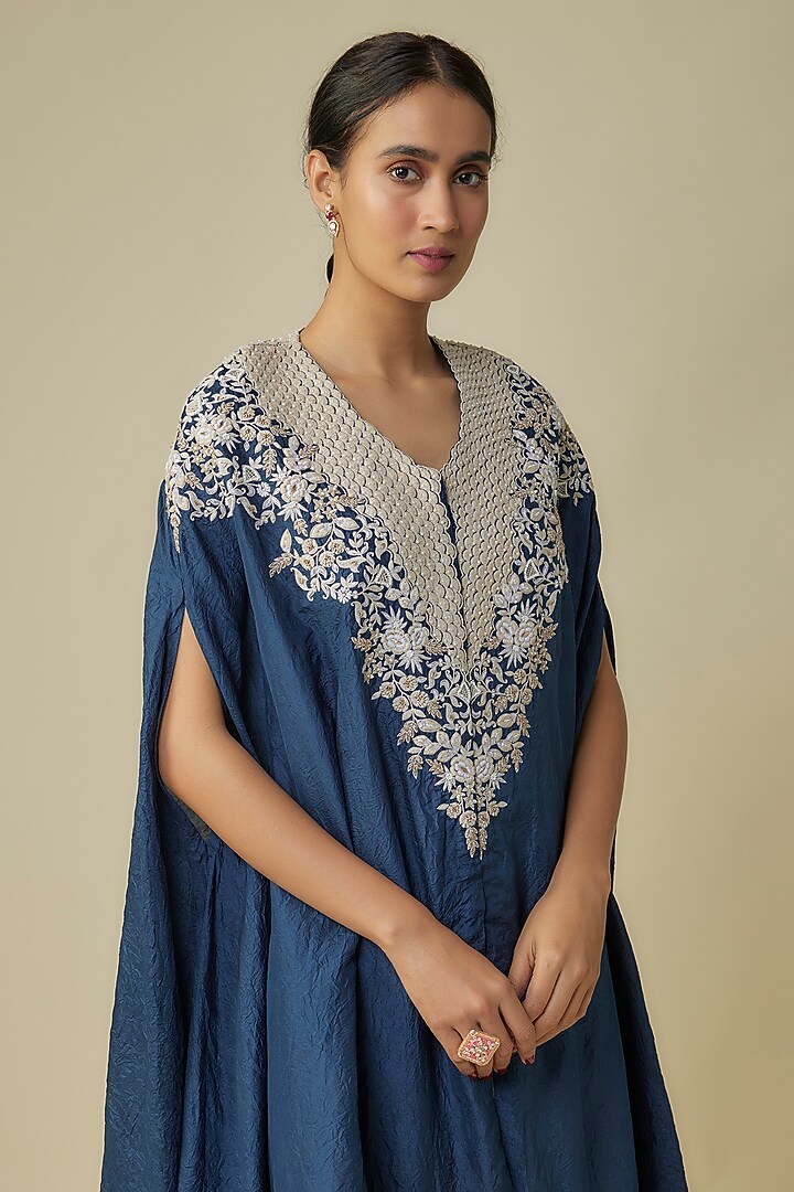 Blue Crushed Silk Resham Work Kaftan Set by Prisho at Pernia's Pop Up Shop