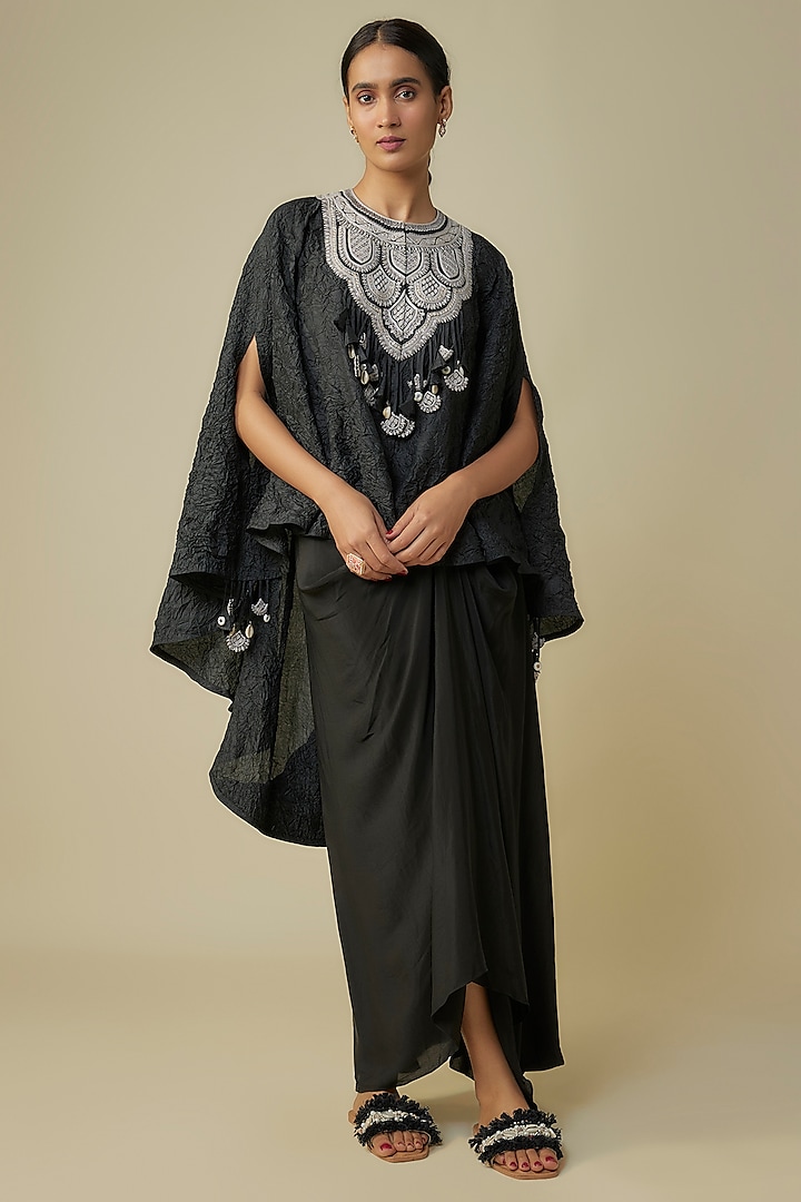 Black Crushed Silk Resham Work Kaftan Set by Prisho at Pernia's Pop Up Shop