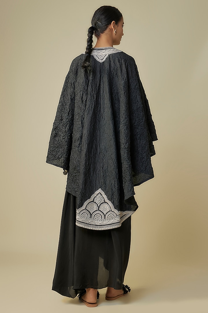 Black Crushed Silk Resham Work Kaftan Set by Prisho at Pernia's Pop Up Shop
