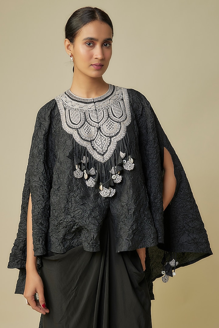 Black Crushed Silk Resham Work Kaftan Set by Prisho at Pernia's Pop Up Shop