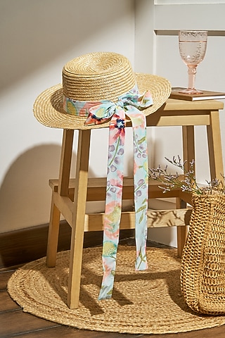 Beige Natural Wheat Straw Poppy Boater Hat by PAYAL SINGHAL ACCESSORIES