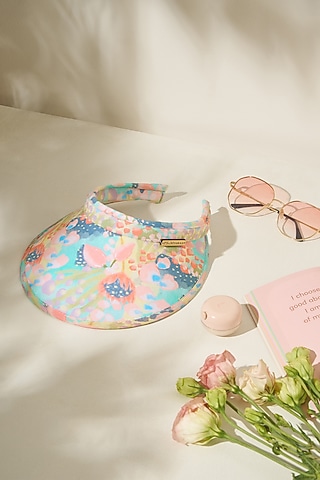 Blue Recycled Plastic & Cotton Euphoria Canvas Printed Buttercup Visor Hat by PAYAL SINGHAL ACCESSORIES