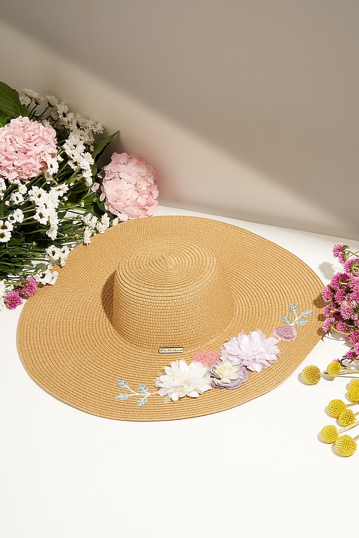 Beige Paper Grass Floral Embroidered Floppy Hat by PAYAL SINGHAL ACCESSORIES at Pernia's Pop Up Shop