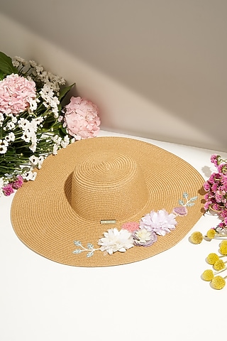 Beige Paper Grass Floral Embroidered Floppy Hat by PAYAL SINGHAL ACCESSORIES