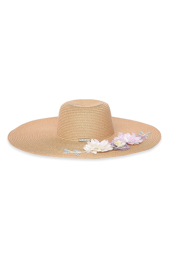 Beige Paper Grass Floral Embroidered Floppy Hat by PAYAL SINGHAL ACCESSORIES at Pernia's Pop Up Shop