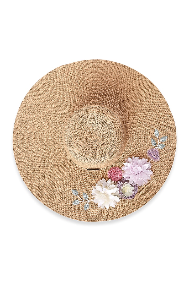 Beige Paper Grass Floral Embroidered Floppy Hat by PAYAL SINGHAL ACCESSORIES at Pernia's Pop Up Shop