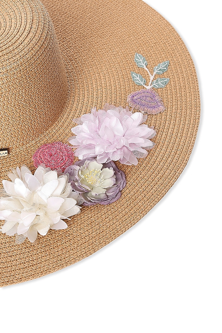 Beige Paper Grass Floral Embroidered Floppy Hat by PAYAL SINGHAL ACCESSORIES at Pernia's Pop Up Shop