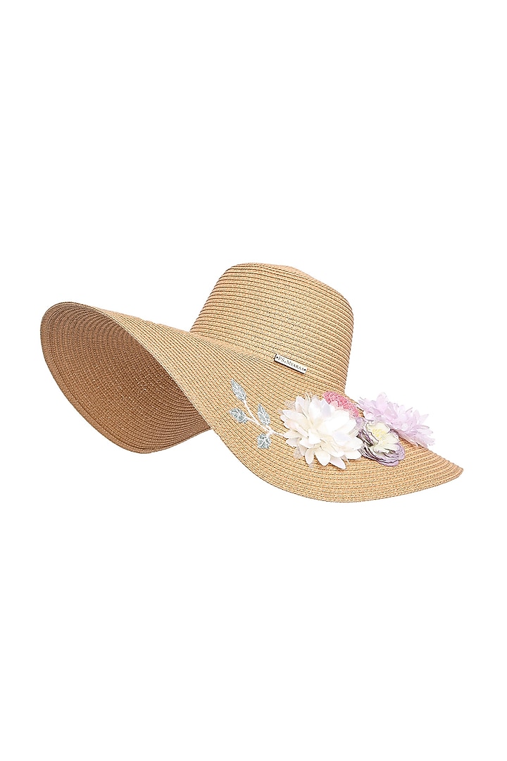 Beige Paper Grass Floral Embroidered Floppy Hat by PAYAL SINGHAL ACCESSORIES at Pernia's Pop Up Shop