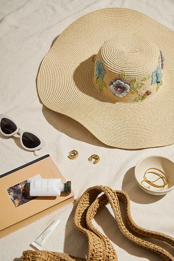 Caramel Paper Grass Floral Embroidered Floppy Hat by PAYAL SINGHAL ACCESSORIES at Pernia's Pop Up Shop