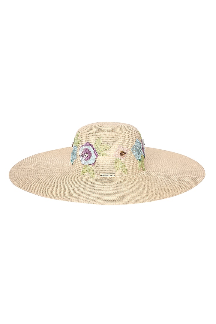 Caramel Paper Grass Floral Embroidered Floppy Hat by PAYAL SINGHAL ACCESSORIES at Pernia's Pop Up Shop