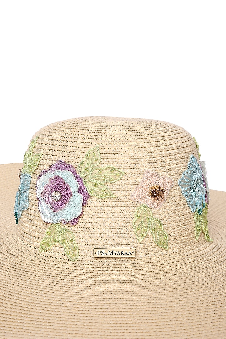 Caramel Paper Grass Floral Embroidered Floppy Hat by PAYAL SINGHAL ACCESSORIES at Pernia's Pop Up Shop