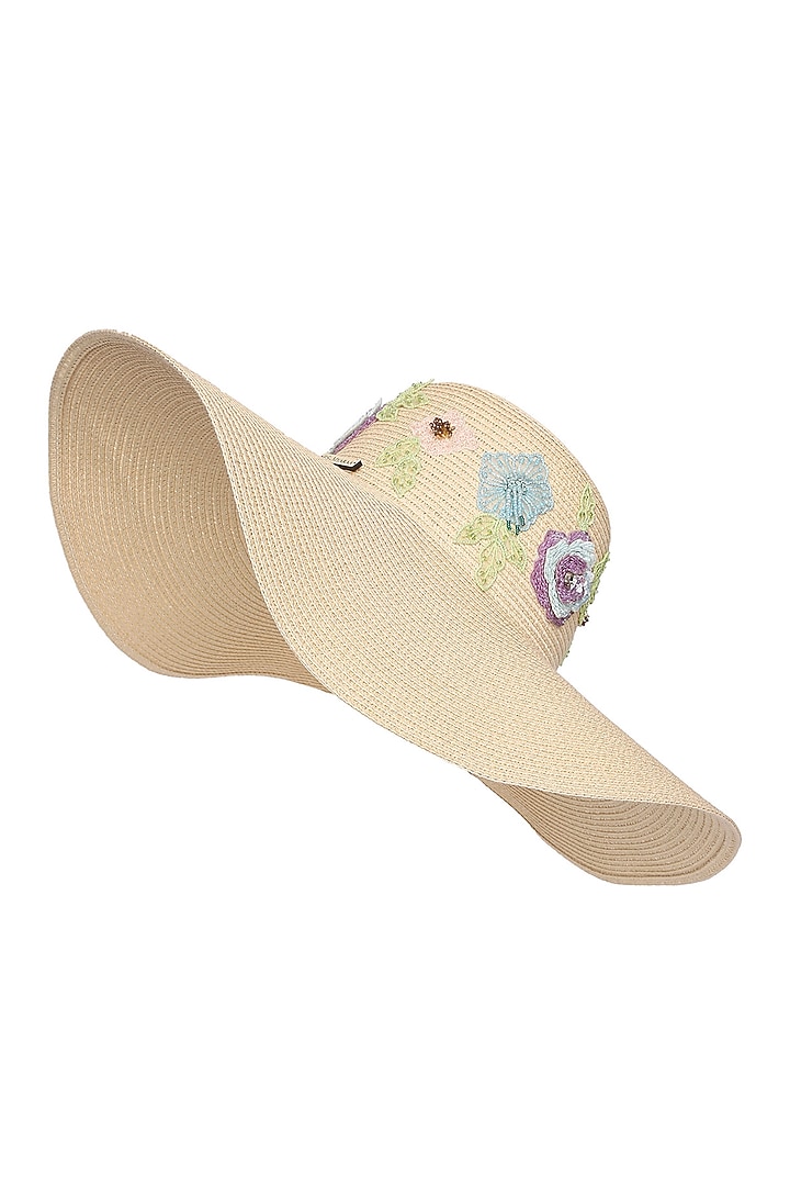 Caramel Paper Grass Floral Embroidered Floppy Hat by PAYAL SINGHAL ACCESSORIES at Pernia's Pop Up Shop
