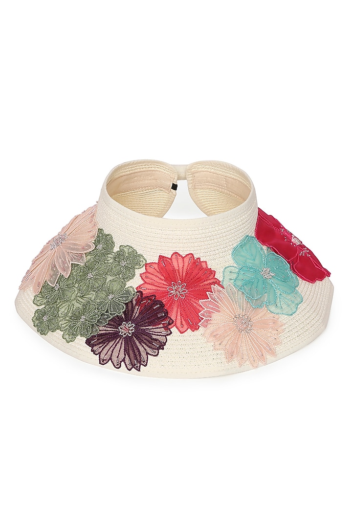 White Paper Grass 3D Floral Embroidered Zippi Visor Hat by PAYAL SINGHAL ACCESSORIES at Pernia's Pop Up Shop