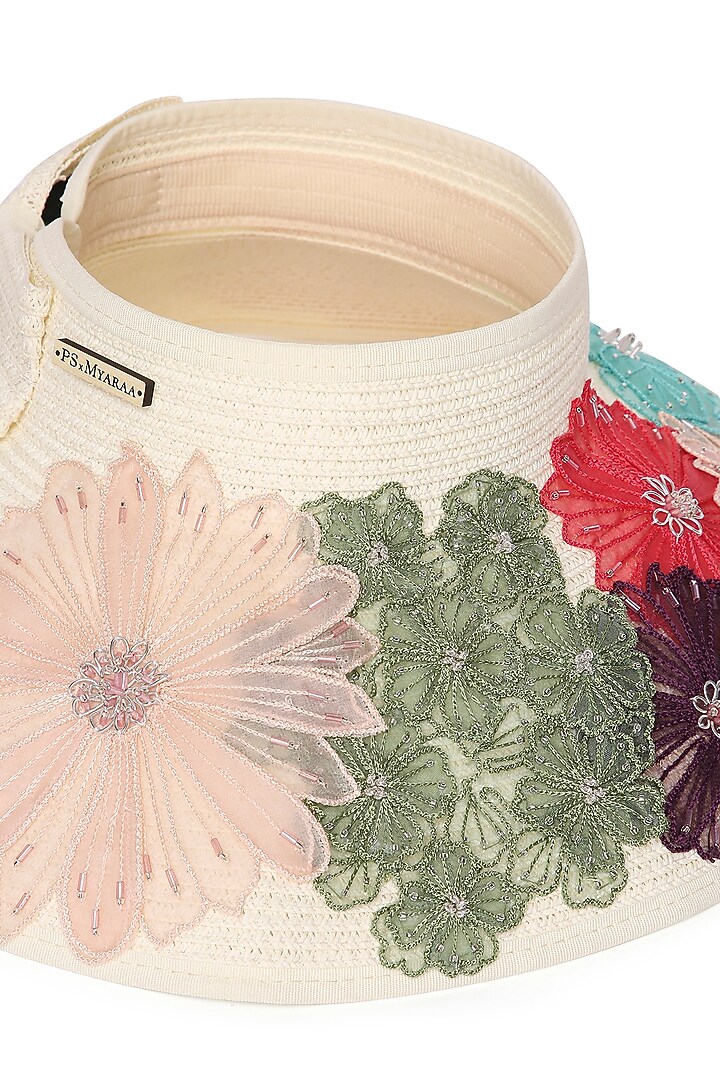 White Paper Grass 3D Floral Embroidered Zippi Visor Hat by PAYAL SINGHAL ACCESSORIES at Pernia's Pop Up Shop