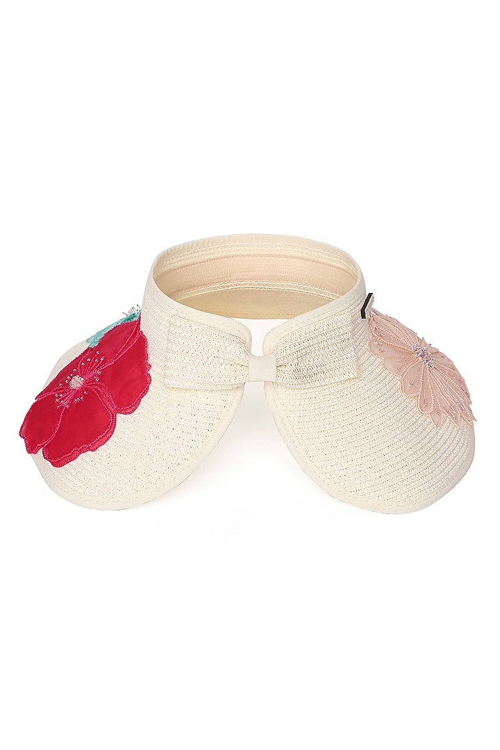 White Paper Grass 3D Floral Embroidered Zippi Visor Hat by PAYAL SINGHAL ACCESSORIES at Pernia's Pop Up Shop