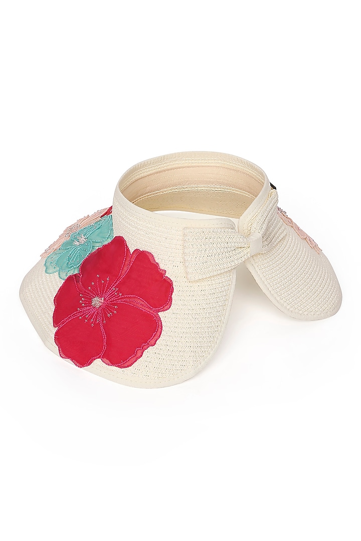 White Paper Grass 3D Floral Embroidered Zippi Visor Hat by PAYAL SINGHAL ACCESSORIES at Pernia's Pop Up Shop