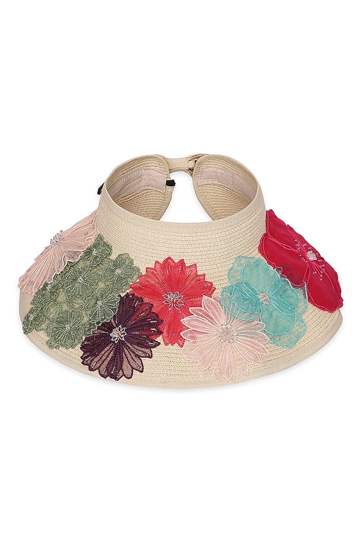 Beige Paper Grass 3D Floral Embroidered Zippi Visor Hat by PAYAL SINGHAL ACCESSORIES at Pernia's Pop Up Shop