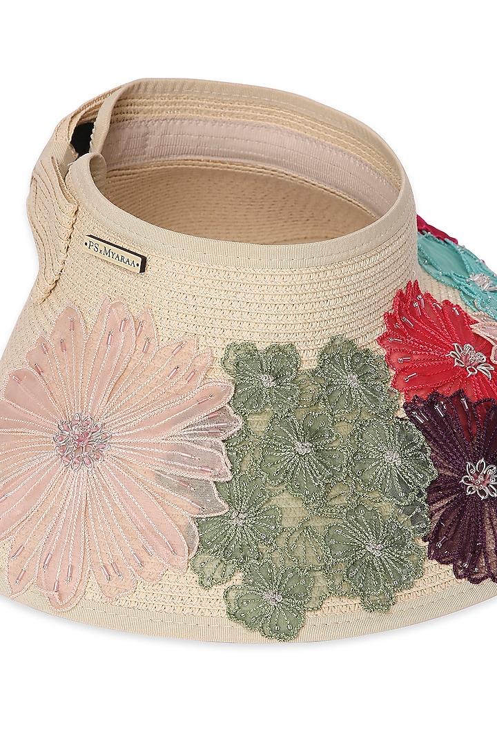 Beige Paper Grass 3D Floral Embroidered Zippi Visor Hat by PAYAL SINGHAL ACCESSORIES at Pernia's Pop Up Shop