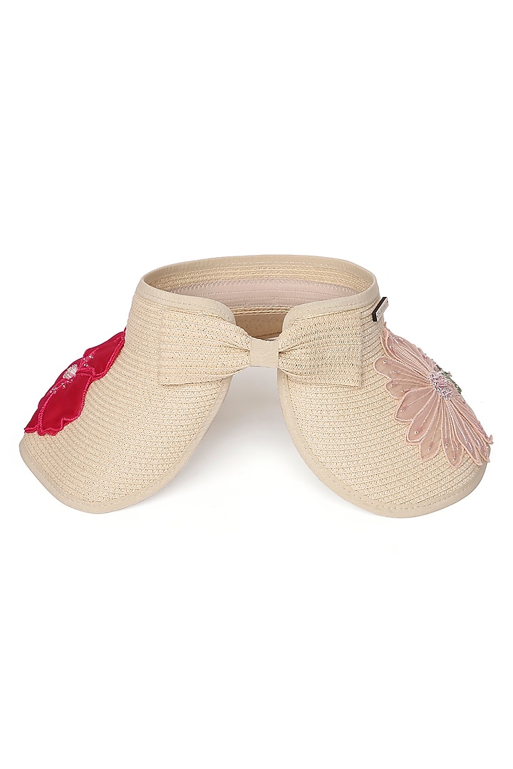 Beige Paper Grass 3D Floral Embroidered Zippi Visor Hat by PAYAL SINGHAL ACCESSORIES at Pernia's Pop Up Shop