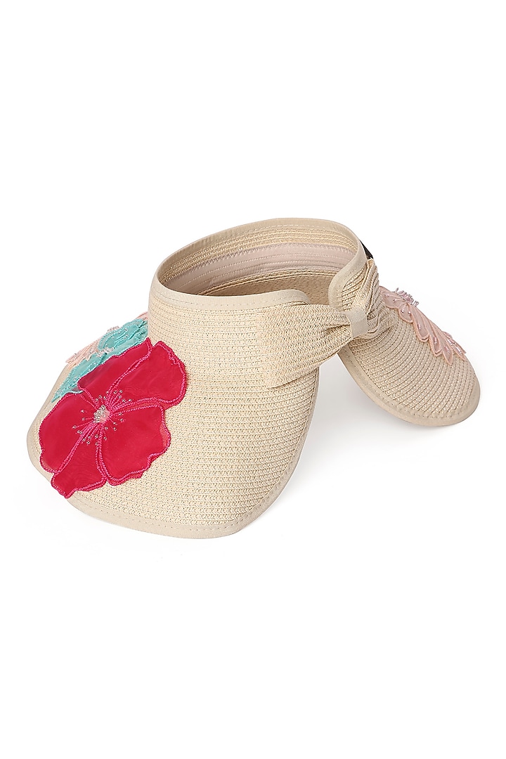 Beige Paper Grass 3D Floral Embroidered Zippi Visor Hat by PAYAL SINGHAL ACCESSORIES at Pernia's Pop Up Shop