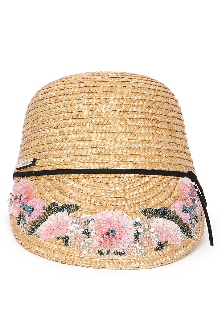 Beige Natural Wheat Straw Floral Embroidered Cap by PAYAL SINGHAL ACCESSORIES at Pernia's Pop Up Shop