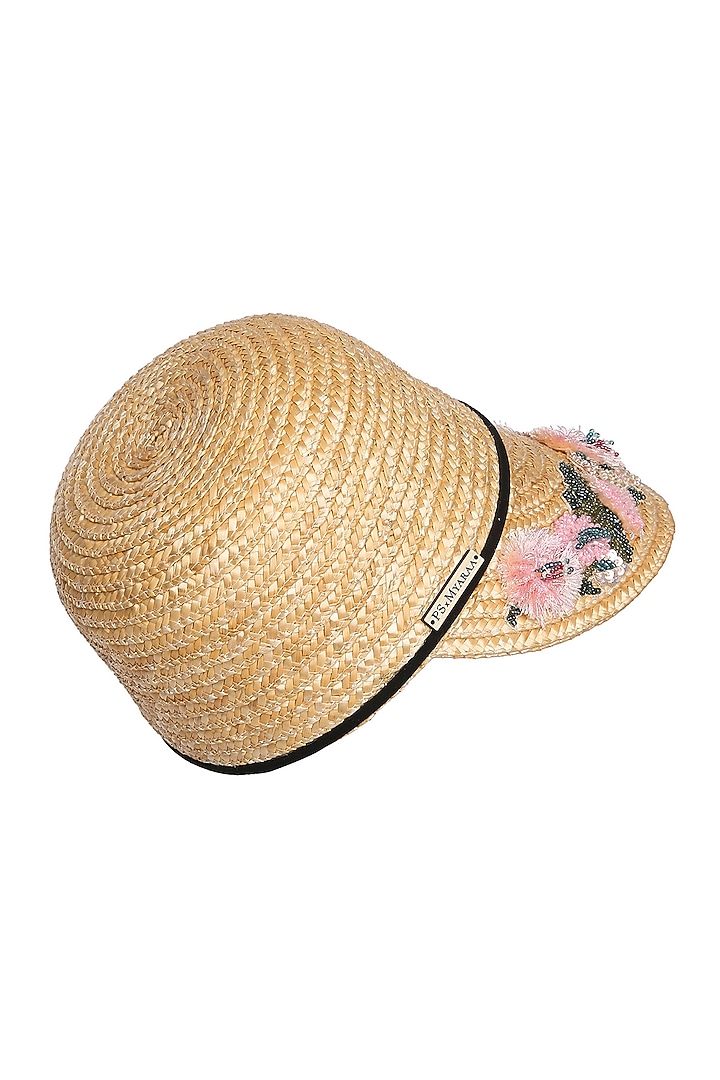 Beige Natural Wheat Straw Floral Embroidered Cap by PAYAL SINGHAL ACCESSORIES at Pernia's Pop Up Shop