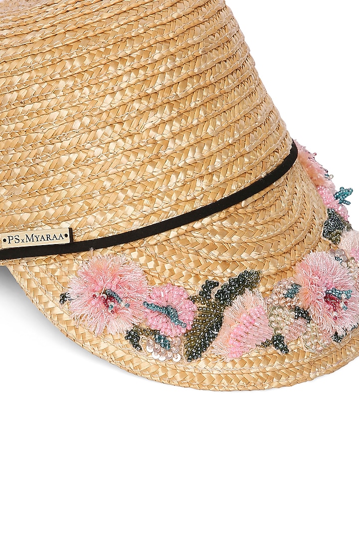 Beige Natural Wheat Straw Floral Embroidered Cap by PAYAL SINGHAL ACCESSORIES at Pernia's Pop Up Shop