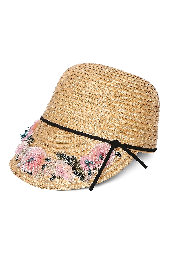 Beige Natural Wheat Straw Floral Embroidered Cap by PAYAL SINGHAL ACCESSORIES at Pernia's Pop Up Shop