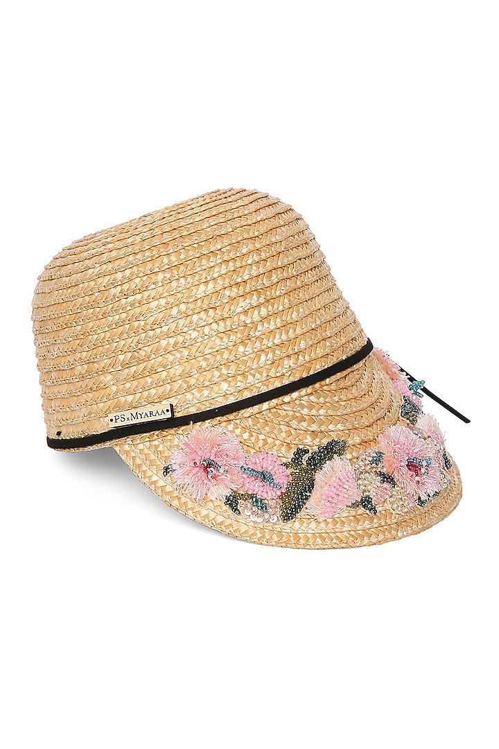 Beige Natural Wheat Straw Floral Embroidered Cap by PAYAL SINGHAL ACCESSORIES at Pernia's Pop Up Shop