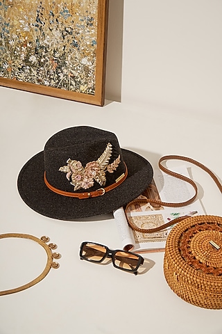 Black Felt Leather Garden Embroidered Panama Hat by PAYAL SINGHAL ACCESSORIES