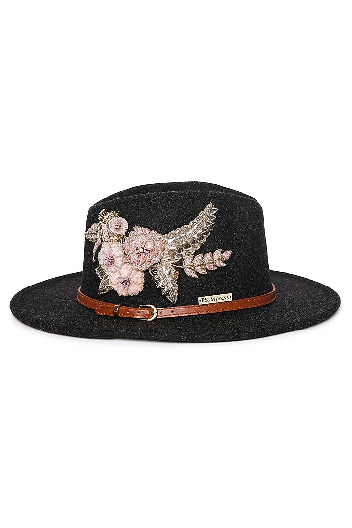 Black Felt Leather Garden Embroidered Panama Hat by PAYAL SINGHAL ACCESSORIES at Pernia's Pop Up Shop