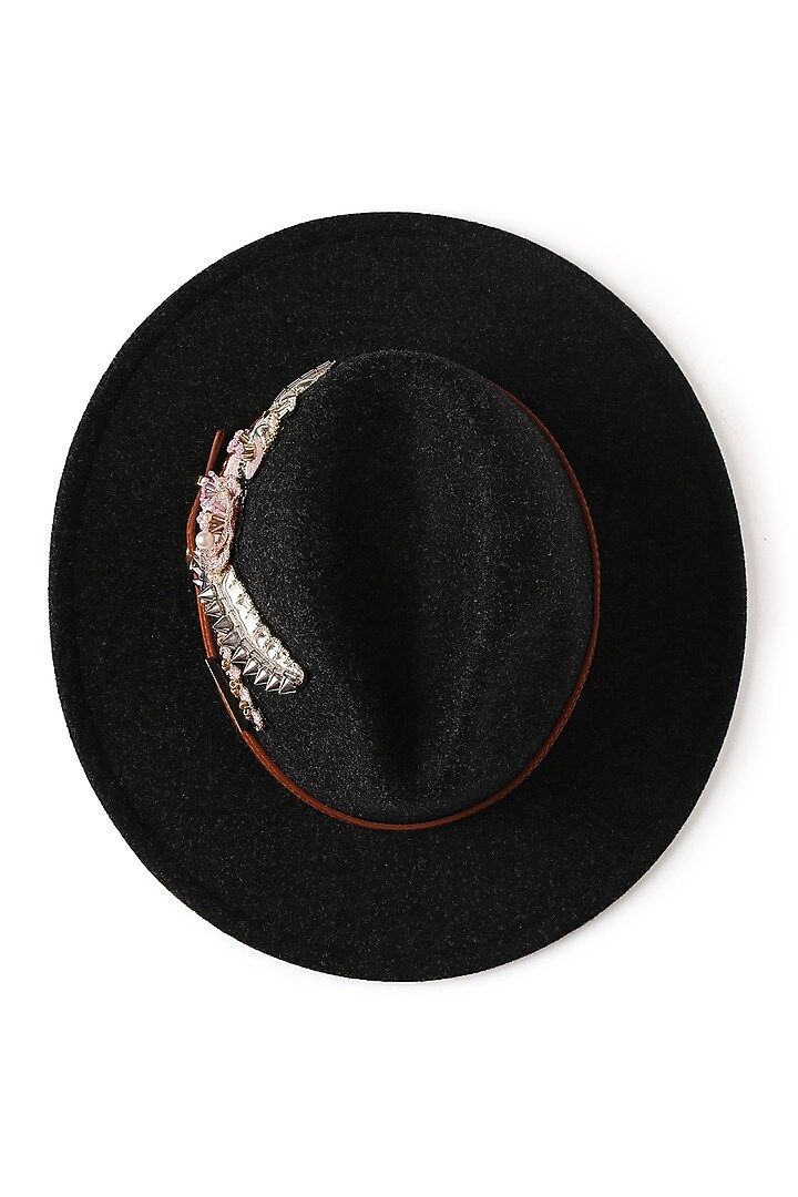 Black Felt Leather Garden Embroidered Panama Hat by PAYAL SINGHAL ACCESSORIES at Pernia's Pop Up Shop